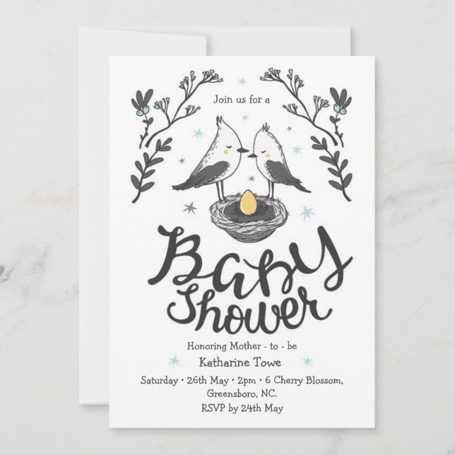 Cute bird baby shower invitation with custom text (Front)