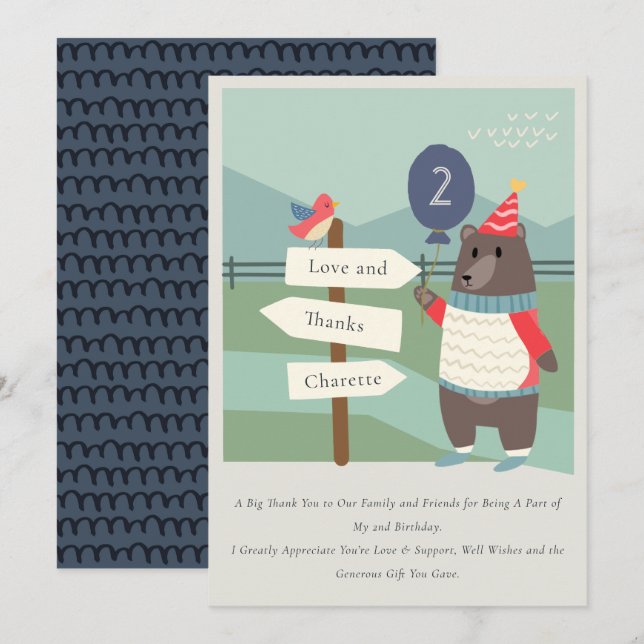 Cute Bird Bear Milestone Mountain Any Age Birthday Thank You Card (Front/Back)