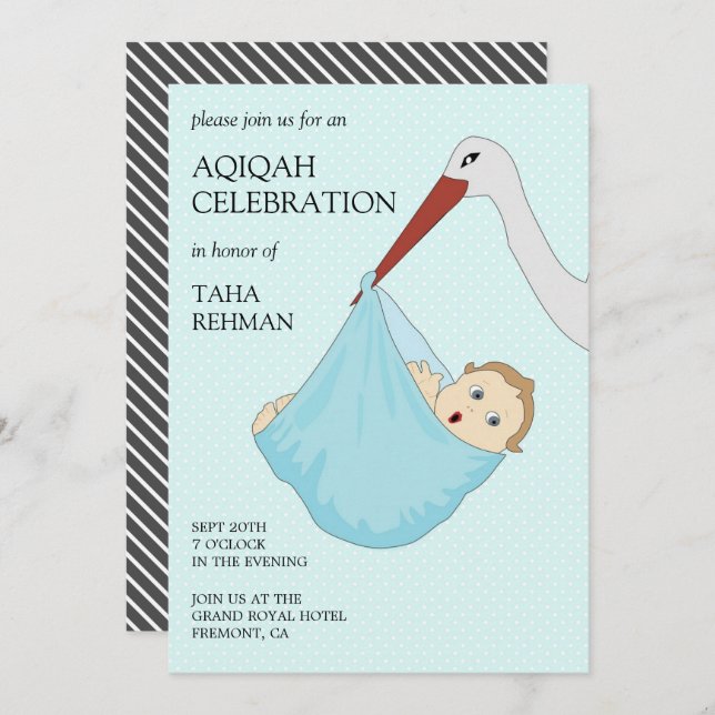 Cute Bird Blue Baby Boy Aqiqah Invitation (Front/Back)