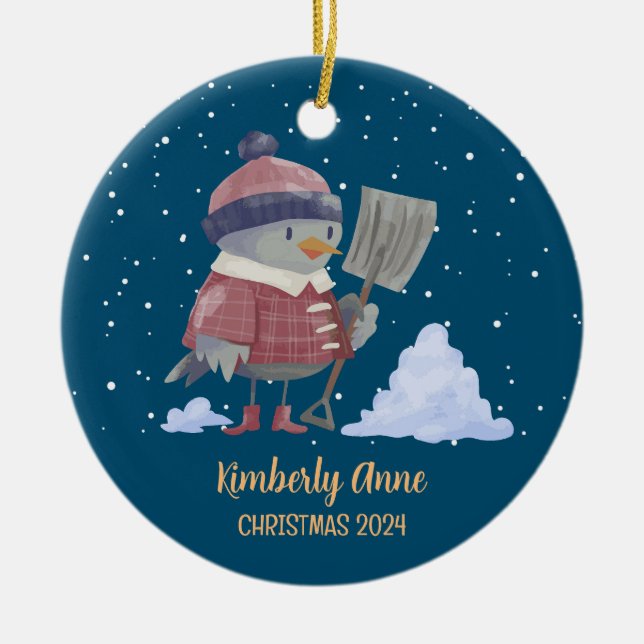 Cute Bird Christmas Animal Snowy Winter Holiday Ceramic Ornament (Front)