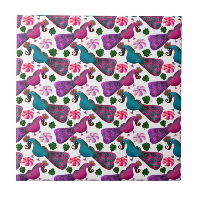 Cute Bird Floral Pattern | Colourful  Birds Ceramic Tile (Front)
