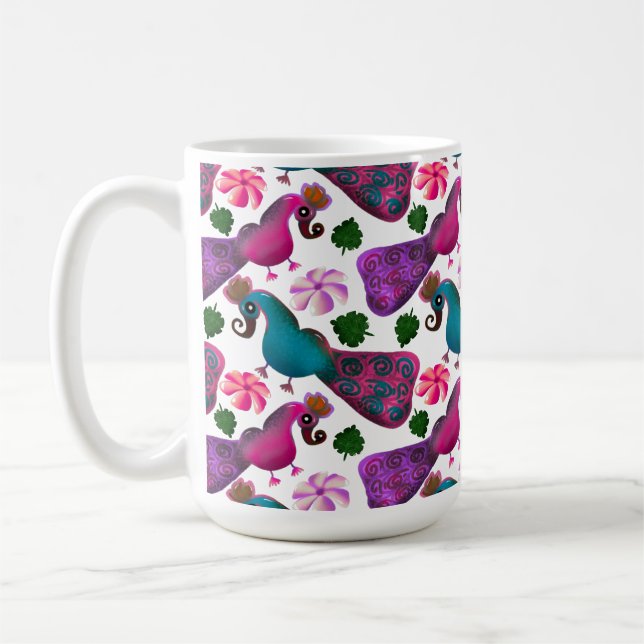 Cute Bird Floral Pattern | Colourful  Birds Coffee Mug (Left)