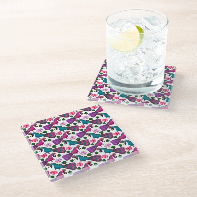 Cute Bird Floral Pattern | Colourful  Birds Glass Coaster (Angled)