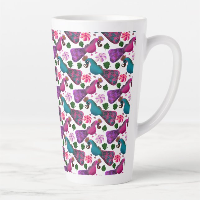 Cute Bird Floral Pattern | Colourful  Birds Latte Mug (Right)