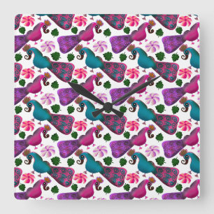 Cute Bird Floral Pattern   Colourful  Birds Square Wall Clock