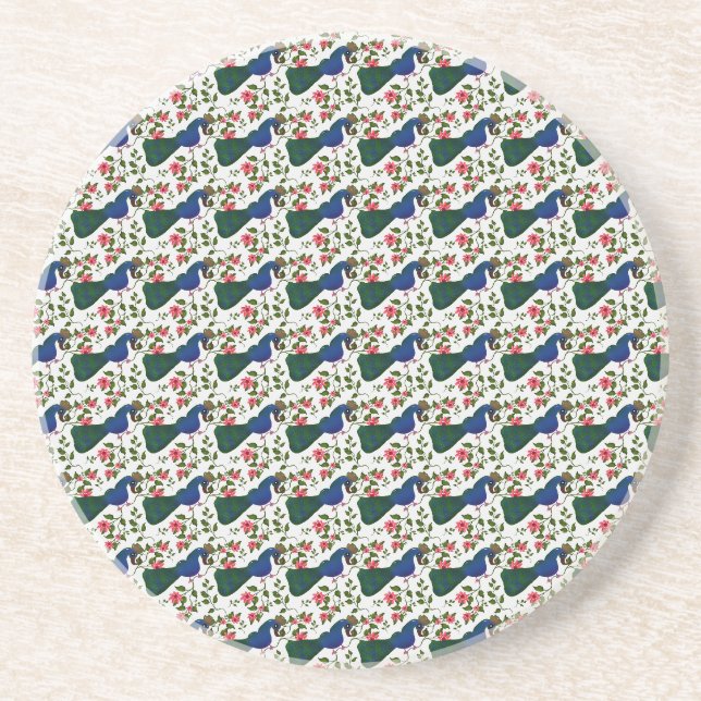 Cute Bird Floral Pattern | Colourful Blue Bird wit Coaster (Front)