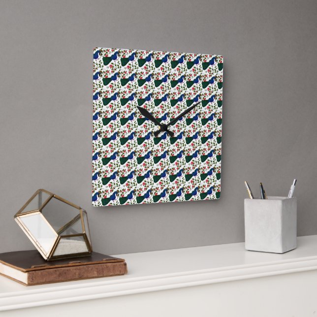Cute Bird Floral Pattern | Colourful Blue Bird wit Square Wall Clock (Office)
