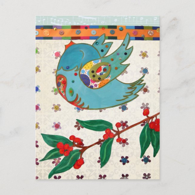 Cute bird flying and singing postcard (Front)