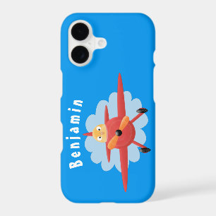 Cute bird flying red aeroplane cartoon illustratio