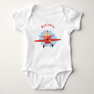 Cute bird flying red aeroplane cartoon illustratio baby bodysuit