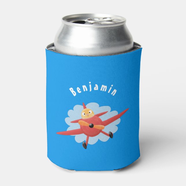 Cute bird flying red aeroplane cartoon illustratio can cooler (Can Front)
