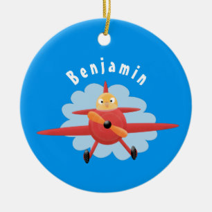Cute bird flying red aeroplane cartoon illustratio ceramic ornament