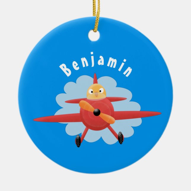 Cute bird flying red aeroplane cartoon illustratio ceramic ornament (Front)