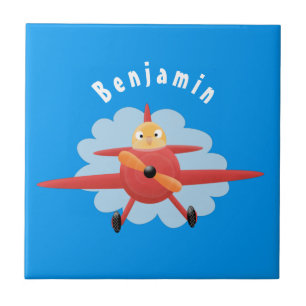 Cute bird flying red aeroplane cartoon illustratio ceramic tile