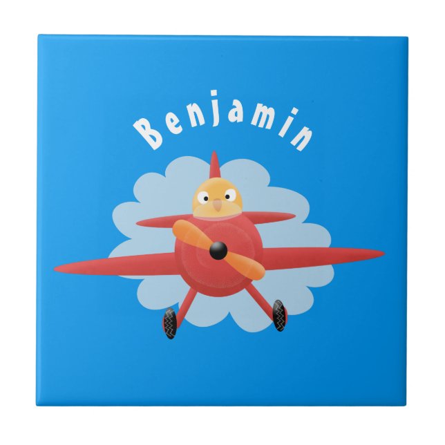 Cute bird flying red aeroplane cartoon illustratio ceramic tile (Front)