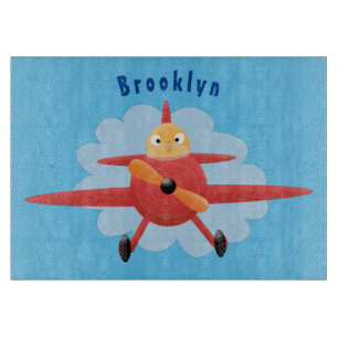Cute bird flying red aeroplane cartoon illustratio cutting board