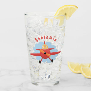 Cute bird flying red aeroplane cartoon illustratio glass