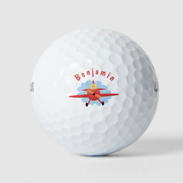 Cute bird flying red aeroplane cartoon illustratio golf balls (Front)
