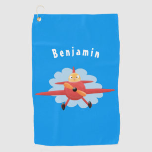 Cute bird flying red aeroplane cartoon illustratio golf towel