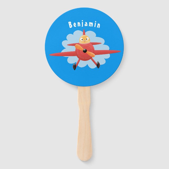 Cute bird flying red aeroplane cartoon illustratio hand fan (Front)