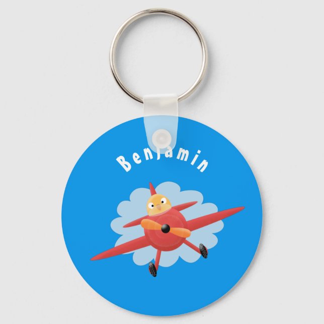 Cute bird flying red aeroplane cartoon illustratio key ring (Front)