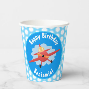 Cute bird flying red aeroplane cartoon illustratio paper cups