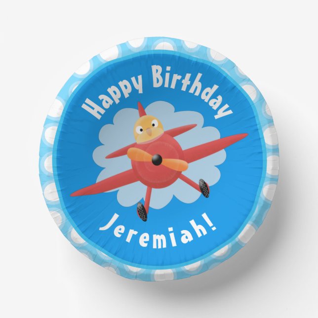 Cute bird flying red aeroplane cartoon illustratio paper plate (Front)