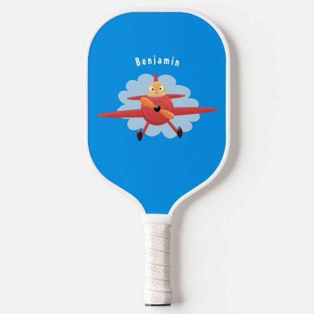 Cute bird flying red aeroplane cartoon illustratio pickleball paddle (Front)