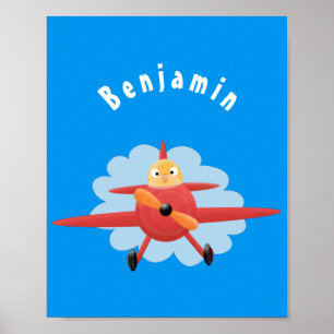Cute bird flying red aeroplane cartoon illustratio poster