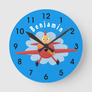 Cute bird flying red aeroplane cartoon illustratio round clock