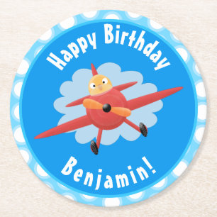 Cute bird flying red aeroplane cartoon illustratio round paper coaster