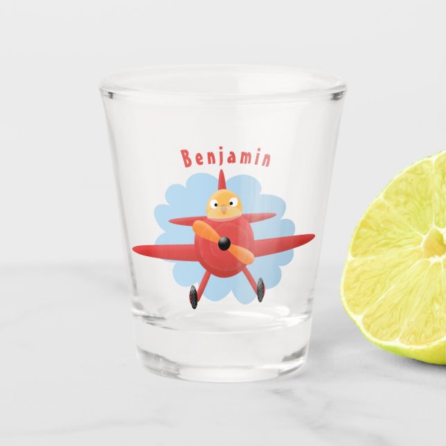 Cute bird flying red aeroplane cartoon illustratio shot glass (Front)
