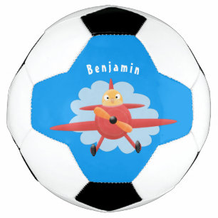Cute bird flying red aeroplane cartoon illustratio soccer ball