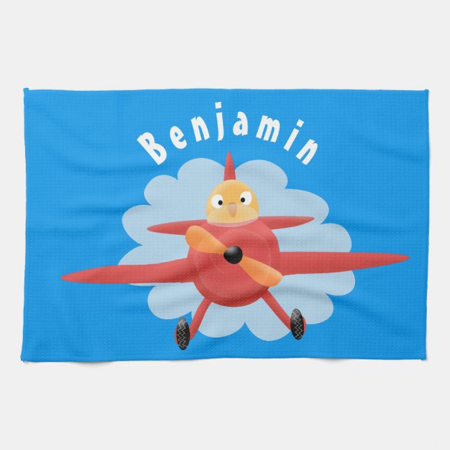 Cute bird flying red aeroplane cartoon illustratio tea towel (Horizontal)