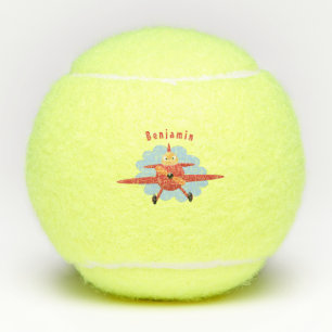 Cute bird flying red aeroplane cartoon illustratio tennis balls