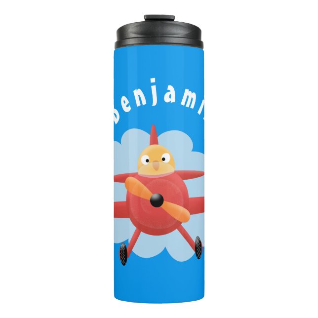 Cute bird flying red aeroplane cartoon illustratio thermal tumbler (Front)