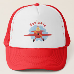 Cute bird flying red aeroplane cartoon illustratio trucker hat