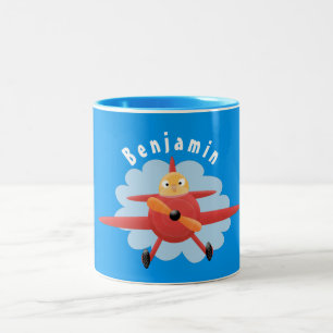 Cute bird flying red aeroplane cartoon illustratio Two-Tone coffee mug