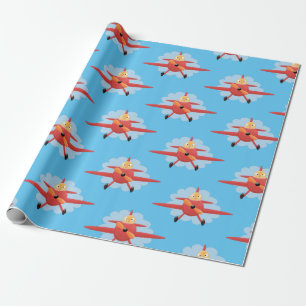 Cute bird flying red aeroplane cartoon illustratio wrapping paper