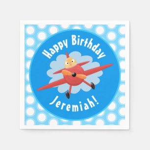 Cute bird flying red aeroplane cartoon personalise napkin