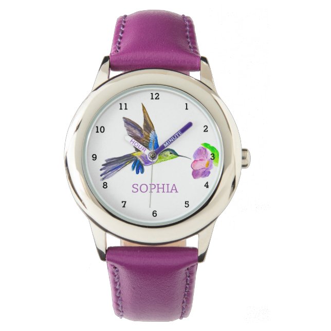 Cute Bird Hummingbird Floral Girly Kids Watch (Front)