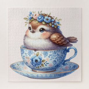 Cute Bird in Floral Teacup Cottagecore Art Jigsaw Puzzle