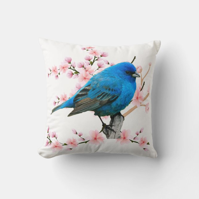 Cute bird indigo bunting on cherry blossom  cushion (Front)