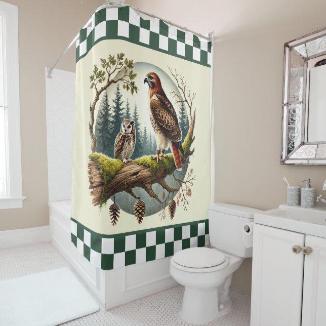 Cute bird lovers checked shower curtain (In Situ)