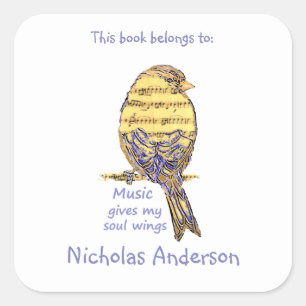 Cute Bird Music give Wings Quote  Bookplate Square Sticker