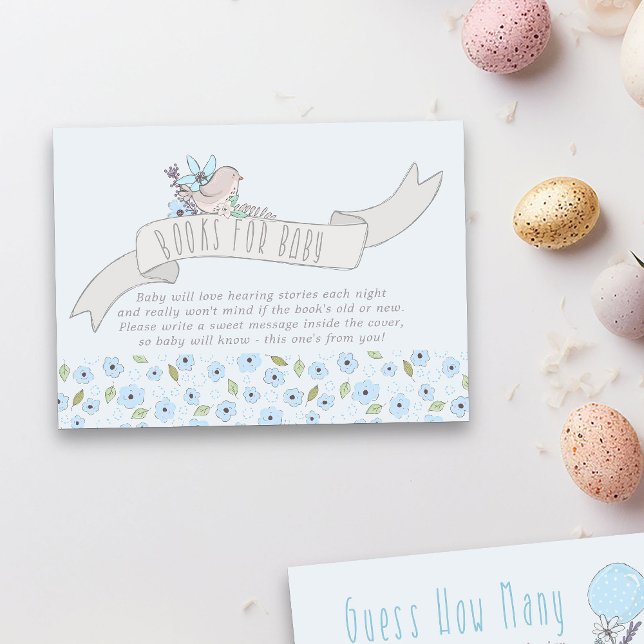 Cute Bird on Banner Books for Baby Boy Enclosure Card (Books for Baby Boy Shower Blue Enclosure Card from my Little Bunny & Balloon Baby Shower collection)