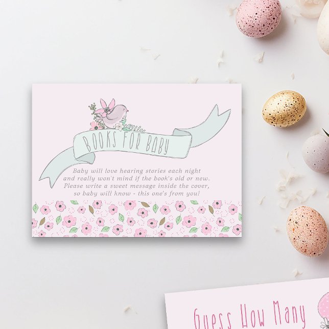 Cute Bird on Banner Books for Baby Enclosure Card (Books for Baby Shower Pink Enclosure Card from my Little Bunny & Balloon Baby Shower collection
)