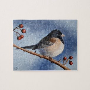 Cute Bird Oregon Junco and Winter Berries Jigsaw Puzzle