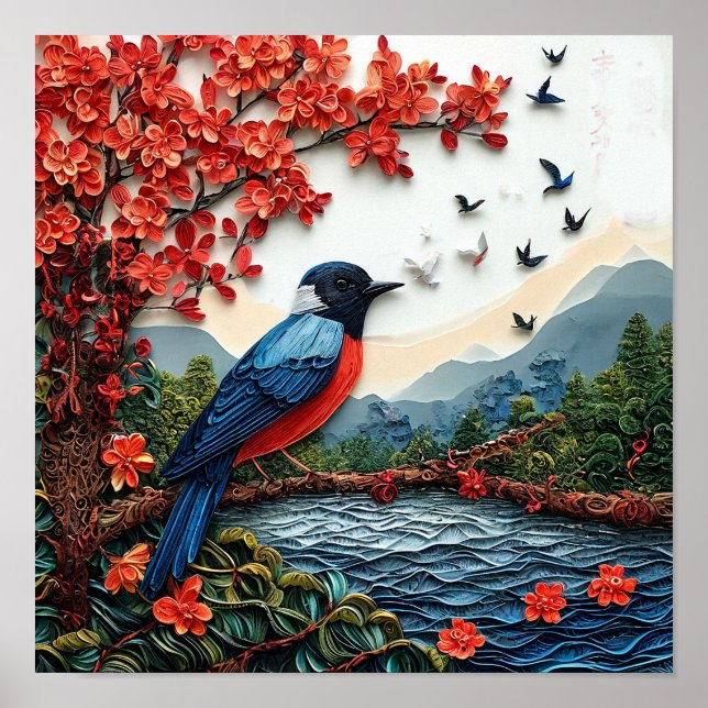 Cute bird paper art poster (Front)