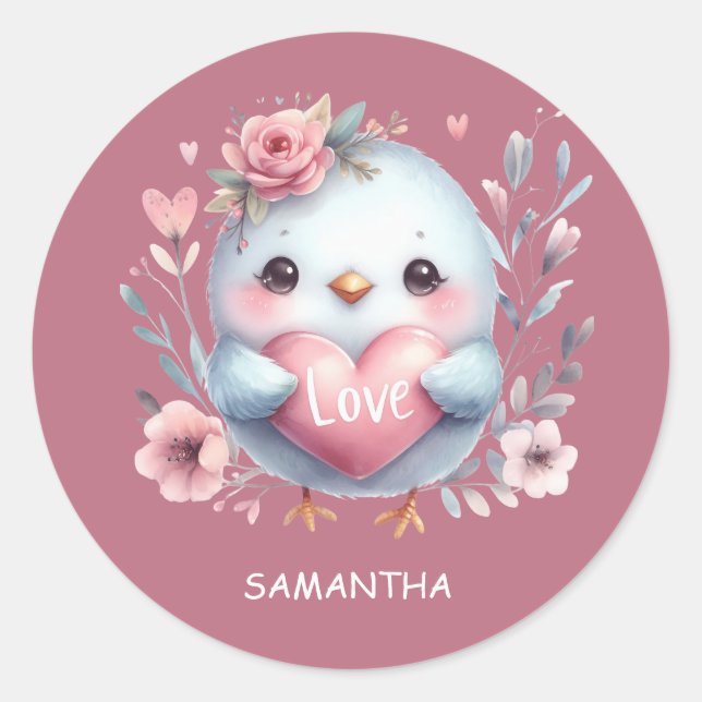 Cute Bird Pink Heart Love Happy Valentines Day Classic Round Sticker (Front)